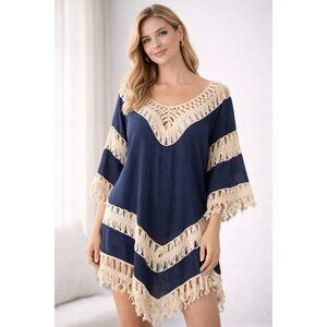 Boho Crochet Fringe Tunic Top Navy Blue Cotton Blend Festival Women M